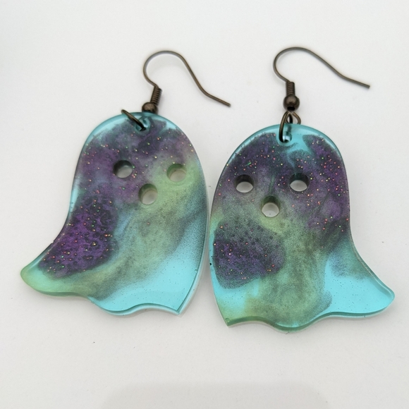 Hand Crafted Jewelry - Spooky Ghost Earrings Handmade Resin Art Cute Goth Sparkly Halloween Jewelry